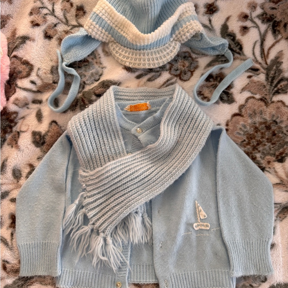 Light Blue Knit Cardigan and Hat Set